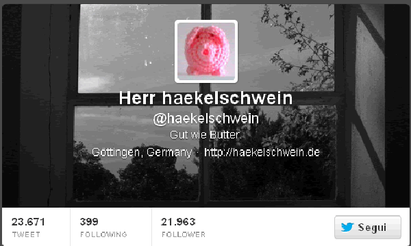 Il maialino di nonna Frieda con 22mila fan su Twitter @haekelschwein