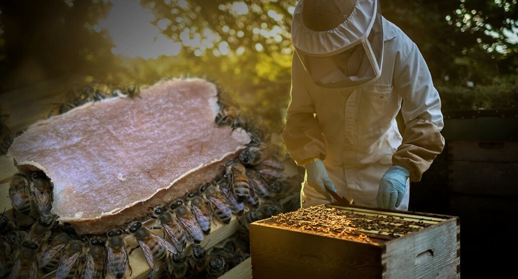 Un apicoltore ispeziona un alveare con il nuovo cibo per api
